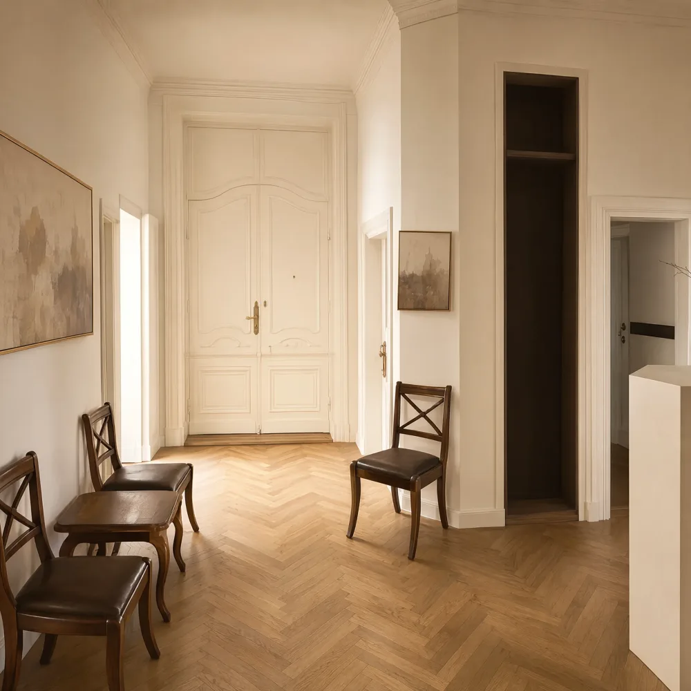 Empfangsdiele der Haar Concept Praxis in Berlin mit Fischgrätparkett, hoher Altbau-Flügeltür und Stuckdecke