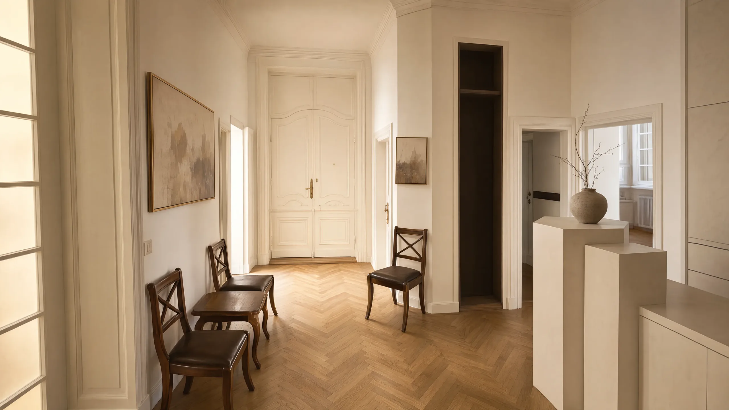 Empfangsdiele der Haar Concept Praxis in Berlin mit Fischgrätparkett, hoher Altbau-Flügeltür und Stuckdecke