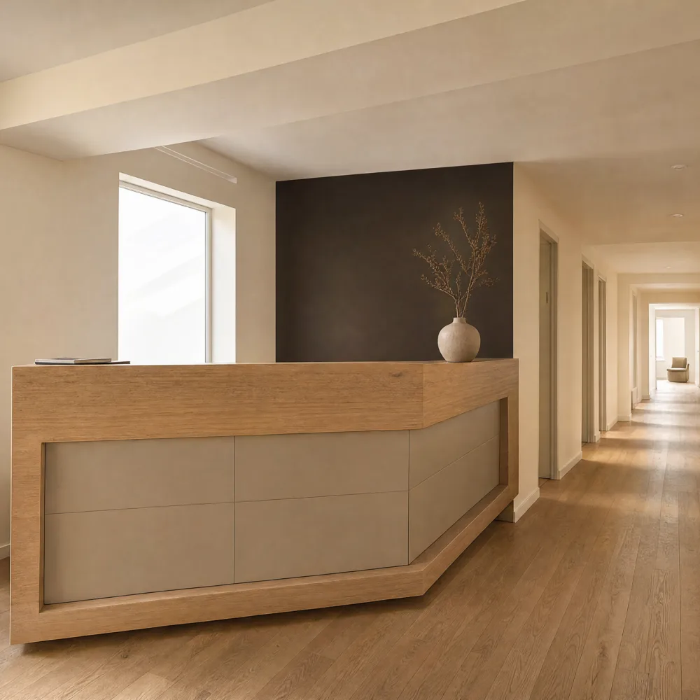 Empfang der Haar Concept Praxis in München mit Holztresen und Flur