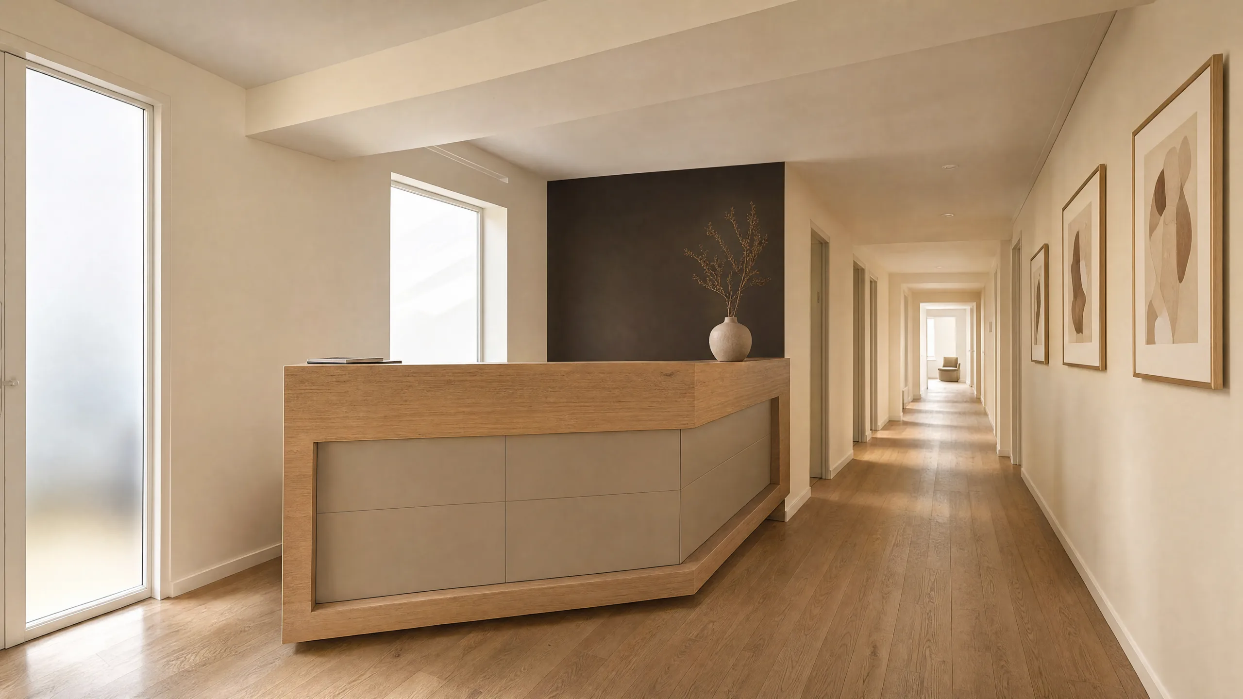 Empfang der Haar Concept Praxis in München mit Holztresen und Flur