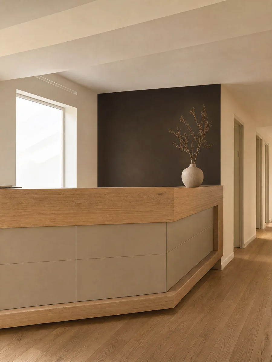 Empfang der Haar Concept Praxis in München mit Holztresen und Flur