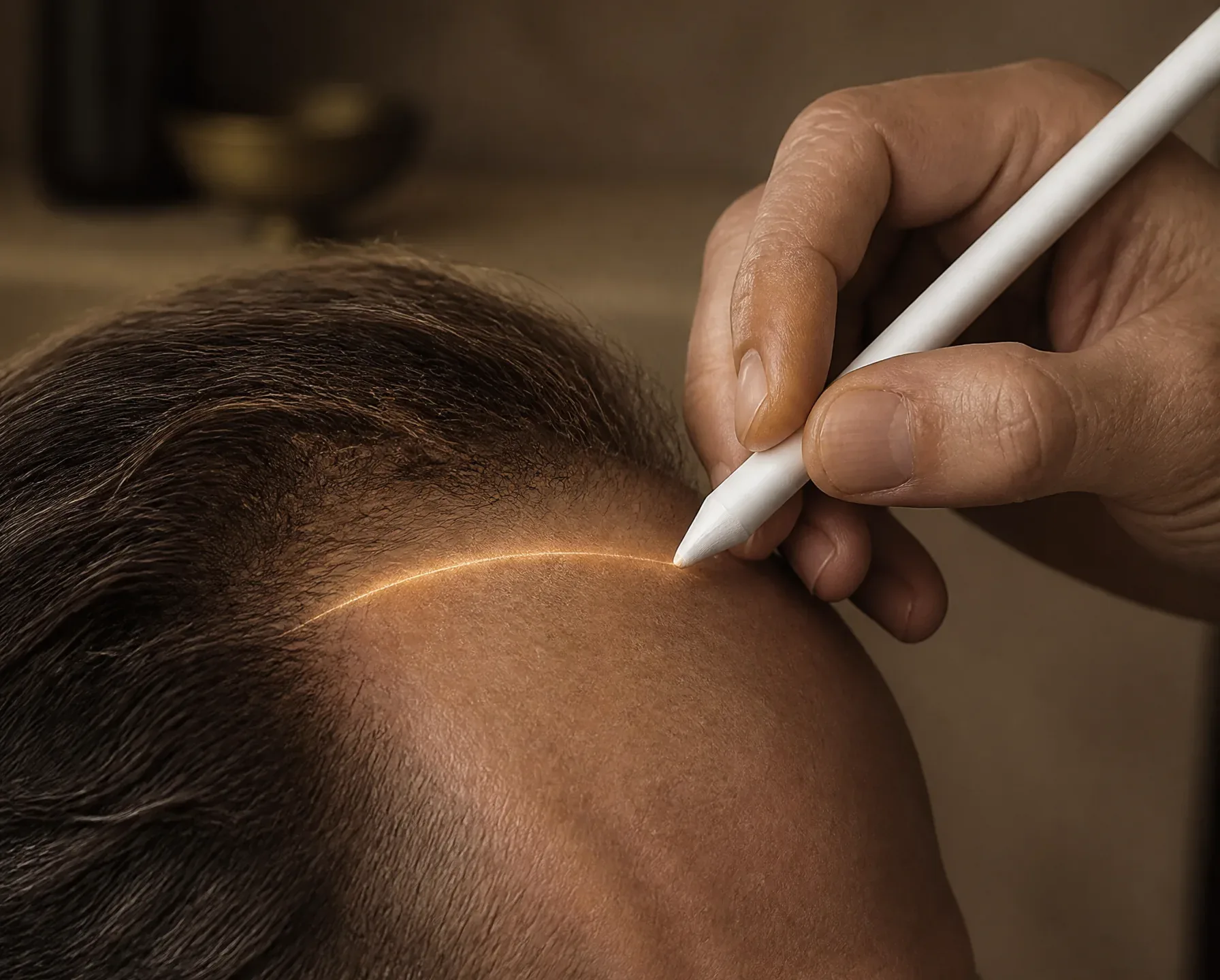 Zeichnen einer neuen Haarlinie mit einem weißen Stift