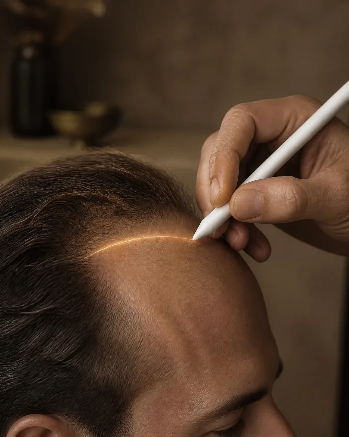 Zeichnen einer neuen Haarlinie mit einem weißen Stift